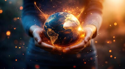 A person holding a globe symbolizing their power to change the world with vibrant energy swirling around them