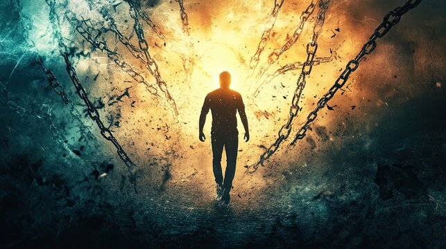 A man breaking free from chains with rays of light illuminating his path toward a better future