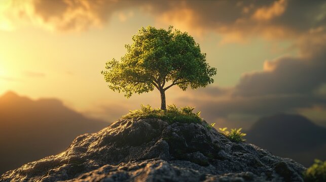 A single seed growing into a mighty tree representing personal growth and the power of change in a tranquil setting