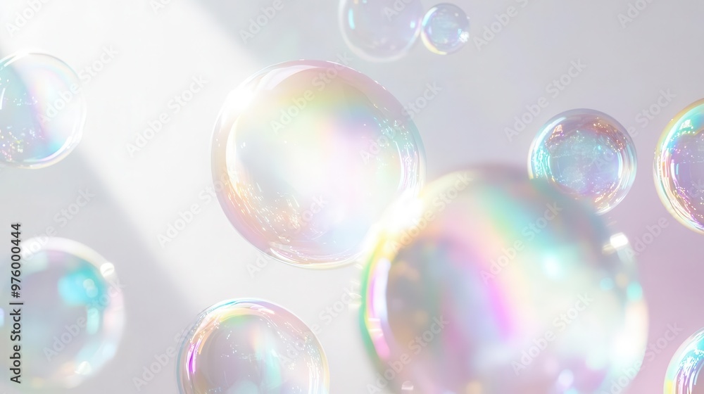 Poster ethereal composition of iridescent soap bubbles floating against a pure white background delicate sp