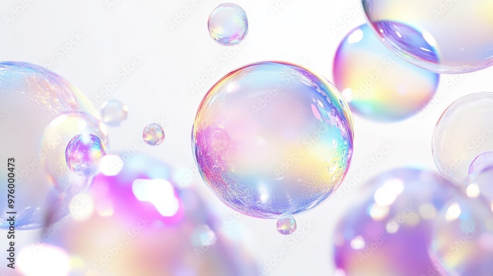 Poster ethereal composition of iridescent soap bubbles floating against a pure white background delicate sp