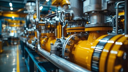Close-up of Industrial Machinery with Yellow Piping and Metal Components