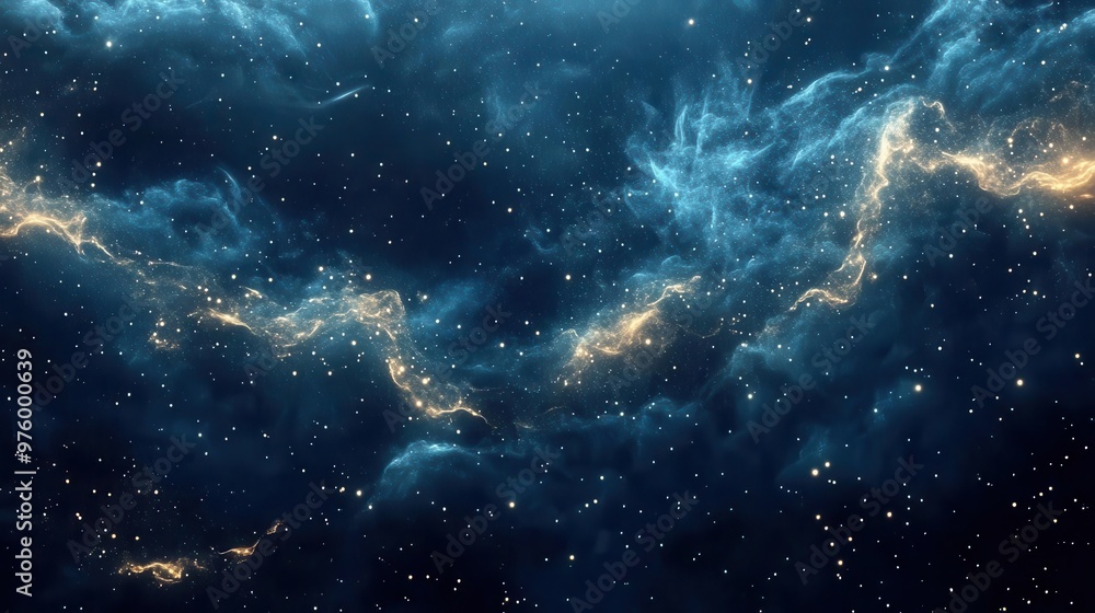 Poster ethereal cosmic panorama with shimmering golden stardust swirling through deep indigo nebulae creati