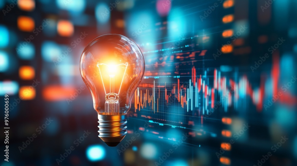 Poster innovative glowing light bulb with digital technology interface in the background, symbolizing the c