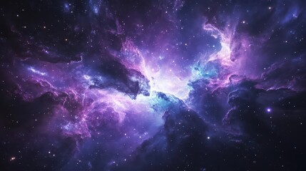 ethereal cosmic panorama swirling nebulae and glowing stars against inky void iridescent hues of purple blue and pink distant galaxies shimmering like celestial jewels