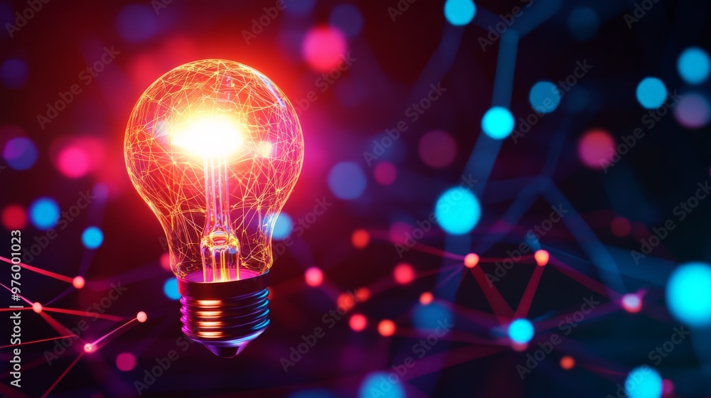 Poster illuminated lightbulb with abstract network connections, symbolizing innovation and technology. brig