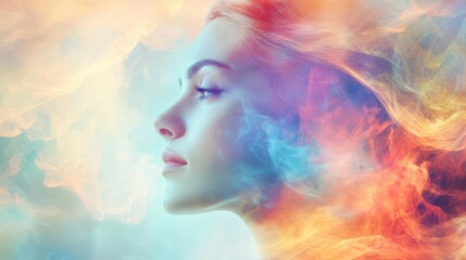 Fototapeta premium ethereal double exposure portrait blending beautiful womans face with colorful cosmic nebula dreamy surreal atmosphere with flowing lines and vibrant hues