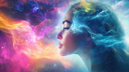 ethereal double exposure portrait blending beautiful womans face with colorful cosmic nebula dreamy surreal atmosphere with flowing lines and vibrant hues