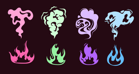 Colorful flame magic light gas isolated set. Vector flat graphic design illustration