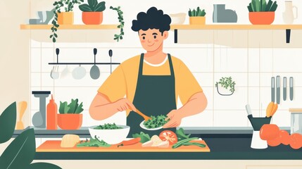 A person preparing a healthy meal at home, emphasizing the habit of cooking nutritious food.