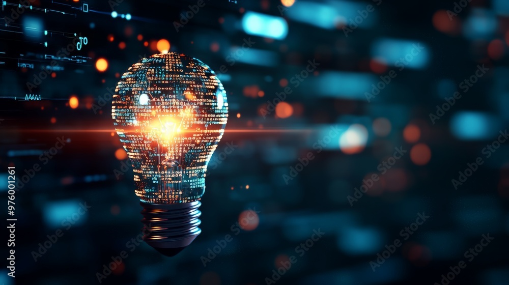 Poster illuminated light bulb representing innovation and technology, with digital data and futuristic elem