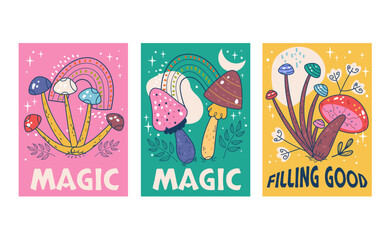 Mushroom bohemian magic psychedelic flyers isolated set. Vector flat graphic design illustration