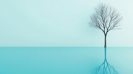 A minimalist tree silhouette reflected in a pool of water, with its shadow softly merging into the reflection tree reflection, shadow, minimalist