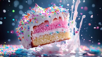 Close-up of a slice of funfetti cake hovering, glowing sprinkles and icing, milk droplets suspended in mid-air, vibrant colors, 3D render.
