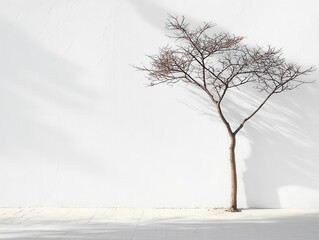 A tree silhouette against a stark white wall, with its shadow creating intricate designs on the surface tree silhouette, shadow, minimalist urban