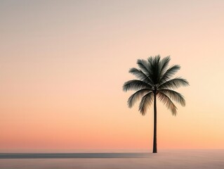 A lone palm tree silhouette against a sunset sky, with its shadow forming minimalist patterns on the ground palm tree, shadow, minimalist