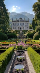 Naklejka premium A Formal Garden with a Grand Manor House and a Winding Path