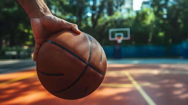 A close-up of a hand holding a basketball ready to shoot on an outdoor court with a hoop in the background.