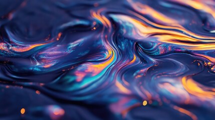 Fototapeta premium Iridescent, oil-slick-like texture flowing across a dark surface.