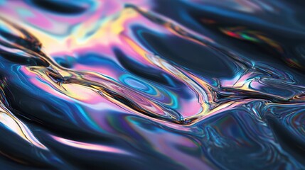 Iridescent, oil-slick-like texture flowing across a dark surface.