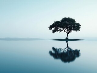 Obraz premium A minimalist scene with a tree silhouette near a lake, its reflection and shadow perfectly mirrored on the water tree silhouette, shadow, minimalist reflection