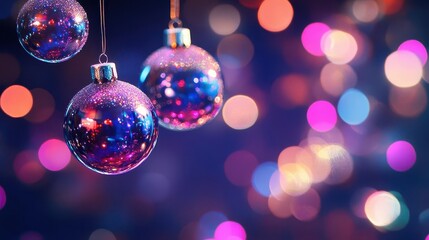 Fototapeta premium ethereal glass christmas ornaments floating against deep purple backdrop iridescent surfaces refracting neon pink and blue bokeh lights creating magical holiday atmosphere