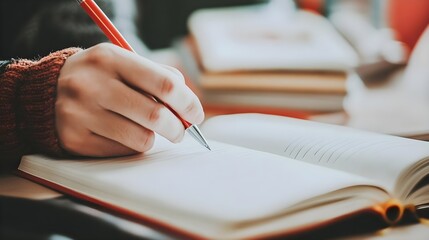A close-up view of a hand writing in a notebook with a red pencil, surrounded by stacked books, capturing a moment of creativity.