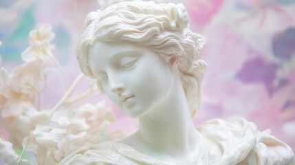 ethereal greek goddess sculpture in soft pastel hues delicate features and flowing drapery blend seamlessly with a dreamy background of muted pinks lavenders and mint greens