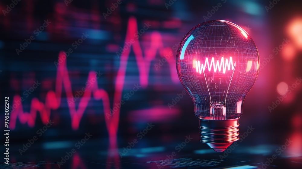 Poster glowing light bulb with digital waveforms representing technology, innovation, and data analysis. bl