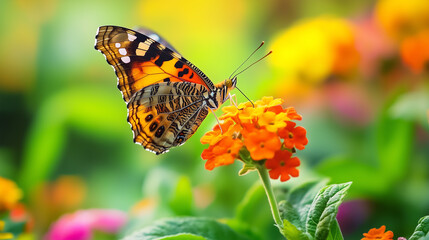 Fototapeta premium The vibrant hues of a butterfly and lantana create a stunning natural masterpiece, perfect for any nature lover.