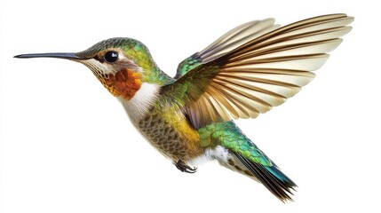 ethereal hummingbird frozen midflight against white background iridescent feathers catching light wings a blur of motion delicate details in beak and eyes represents grace and natural beauty