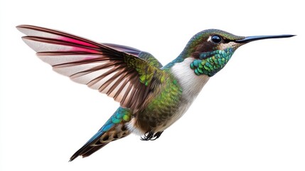 Fototapeta premium ethereal hummingbird frozen midflight against white background iridescent feathers catching light wings a blur of motion delicate details in beak and eyes represents grace and natural beauty