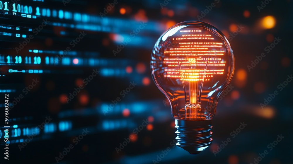 Poster glowing light bulb with digital code, symbolizing innovation, technology, and creativity in a futuri