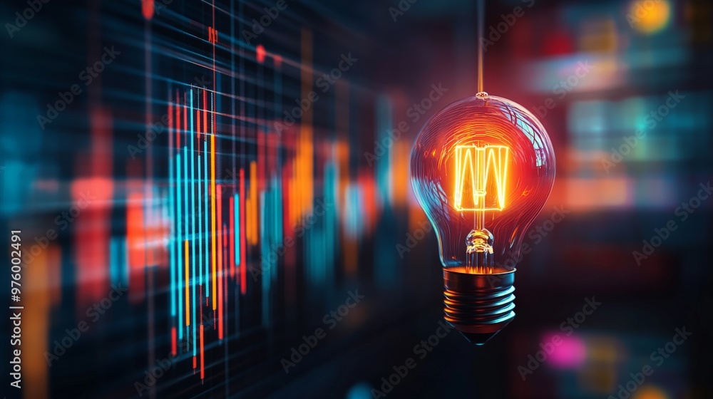 Aufkleber glowing light bulb with data charts and colorful abstract background. concept of innovation, technol