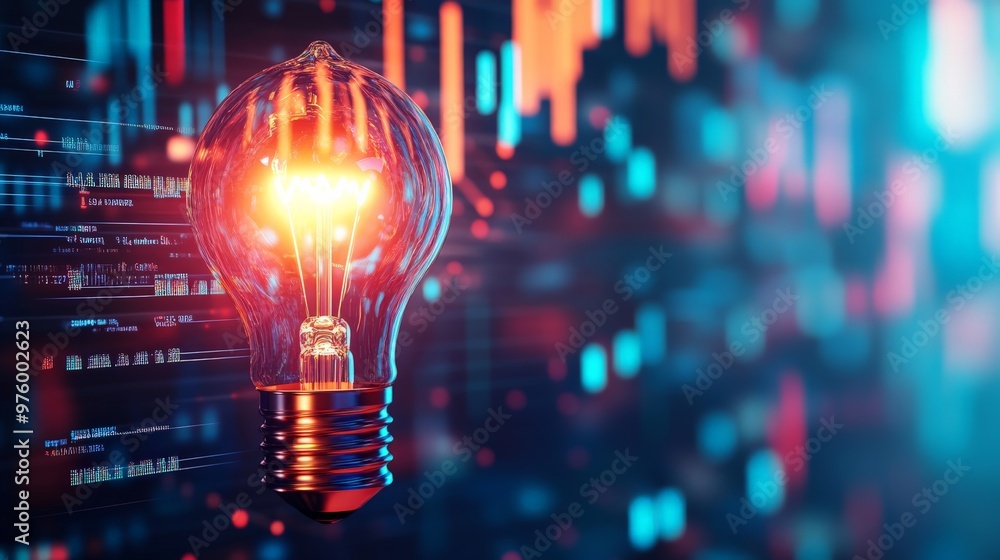 Poster glowing light bulb representing innovation and technology against a background of abstract digital d