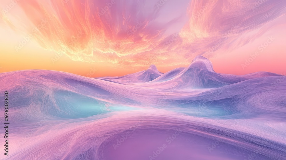 Poster ethereal organic landscape with swirling pastel hues flowing forms reminiscent of cellular structure