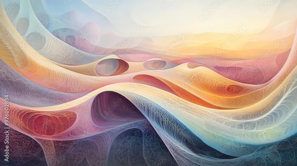 Poster ethereal organic landscape with swirling pastel hues flowing forms reminiscent of cellular structure