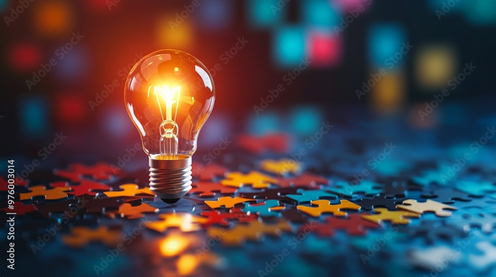Poster glowing light bulb illuminating colorful puzzle pieces symbolizing innovation, creativity, and probl