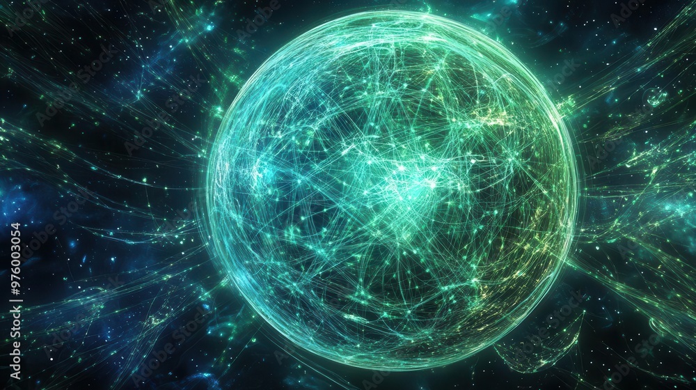 Aufkleber ethereal planetary sphere enveloped by luminous neural network radiant blue and green energy lines f
