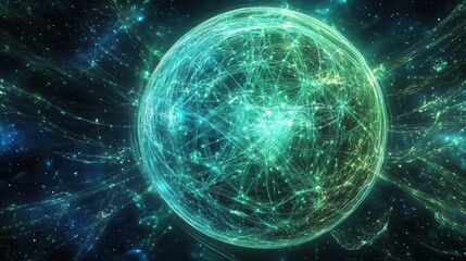 Obraz premium ethereal planetary sphere enveloped by luminous neural network radiant blue and green energy lines form intricate grid patterns celestial backdrop with distant stars