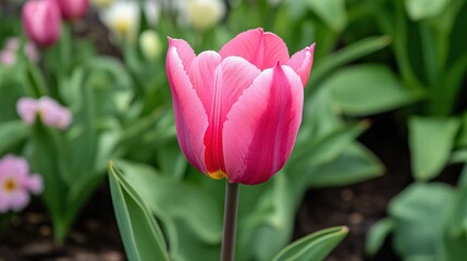 Fototapeta premium A vibrant pink tulip blooming in a garden, with green leaves and flowers in the background