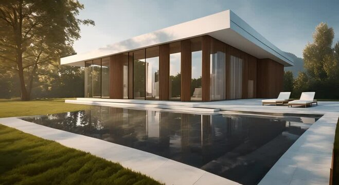 Photorealistic modern villa near the forest hi tech neoclassic patterned facade panels sharp angle parapets futuristic shapes 4k animation