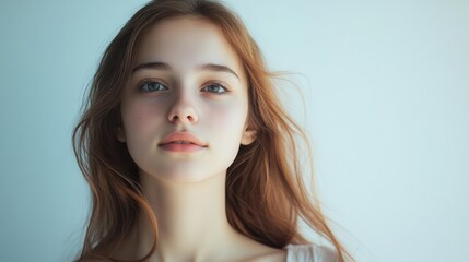 Fototapeta premium ethereal portrait of a young woman with luminous skin and flowing hair soft diffused lighting creates an angelic glow against a pure white background
