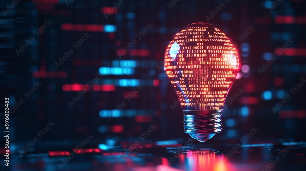 Poster futuristic light bulb with digital code, representing innovative technology, artificial intelligence