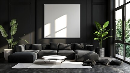 Elegant Modern Black Wooden Living Room with Minimalist Art and Decor 3D Rendering