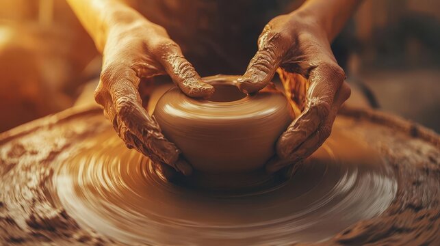 ethereal pottery creation hands delicately shape spinning clay wisps of earth dancing in soft light rustic wooden wheel warm studio ambiance artistic focus on fingertips molding vessel
