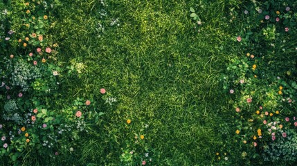 Bright green grass and colorful wildflower meadow viewed from above, ideal for nature and outdoor backgrounds.