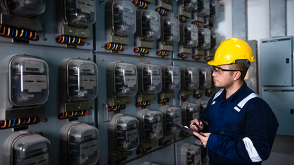 Electrical maintenance engineer is checking .Electricity meter, main distribution board and write...
