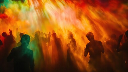 Fototapeta premium ethereal scene of holi festival celebration in nepal swirling clouds of vivid powders envelop ecstatic participants their silhouettes barely visible through the kaleidoscopic haze