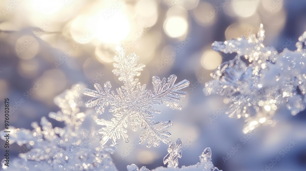 Poster ethereal snowflakes dance against a serene backdrop their intricate patterns shimmering with delicat